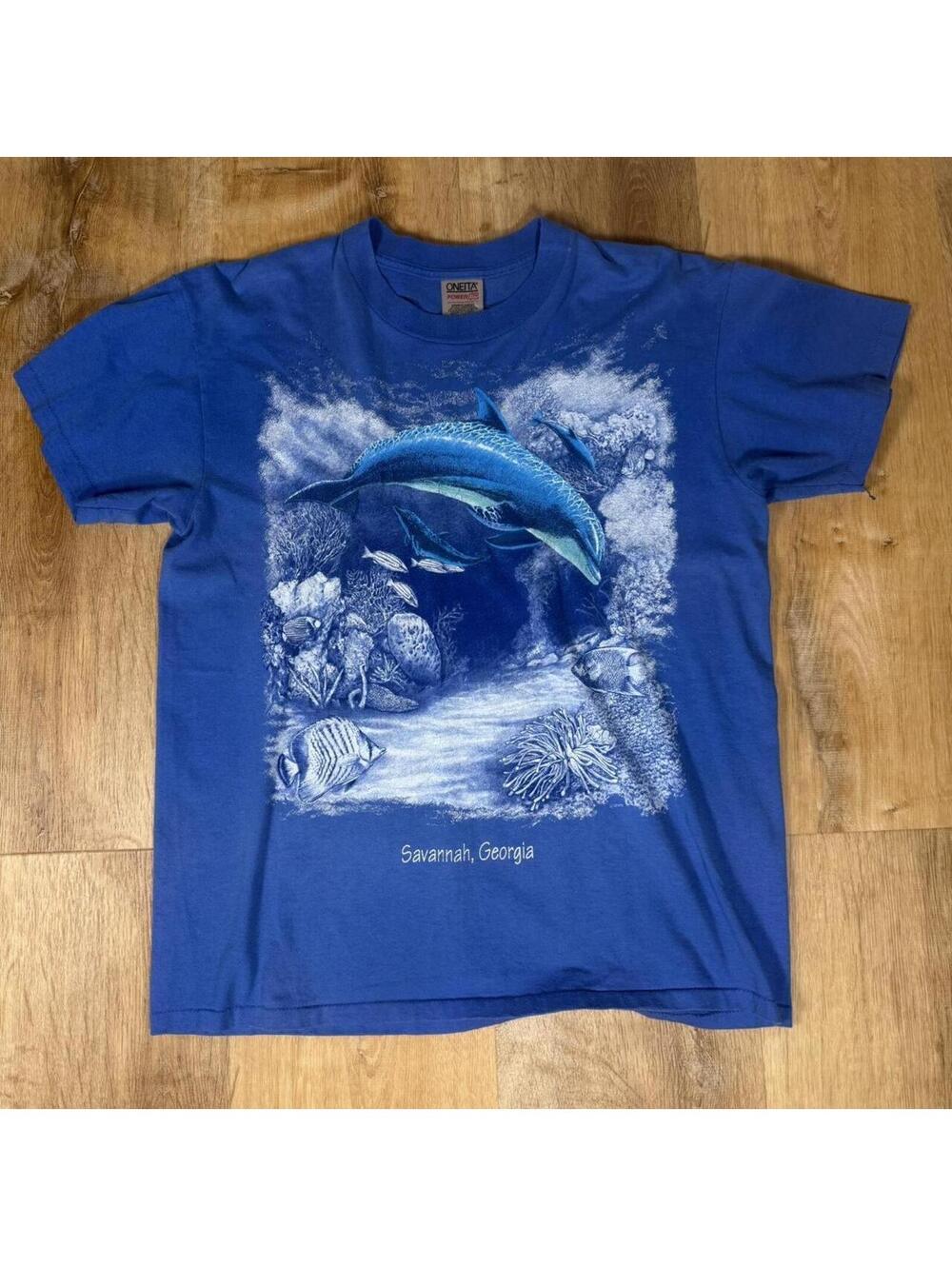 90s blue dolphin graphic tee on Oneita tag with Savanah, Georgia labeling